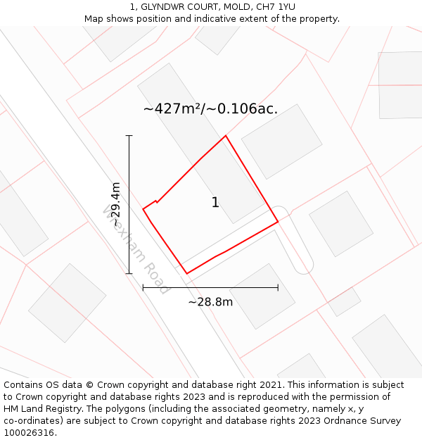 1, GLYNDWR COURT, MOLD, CH7 1YU: Plot and title map