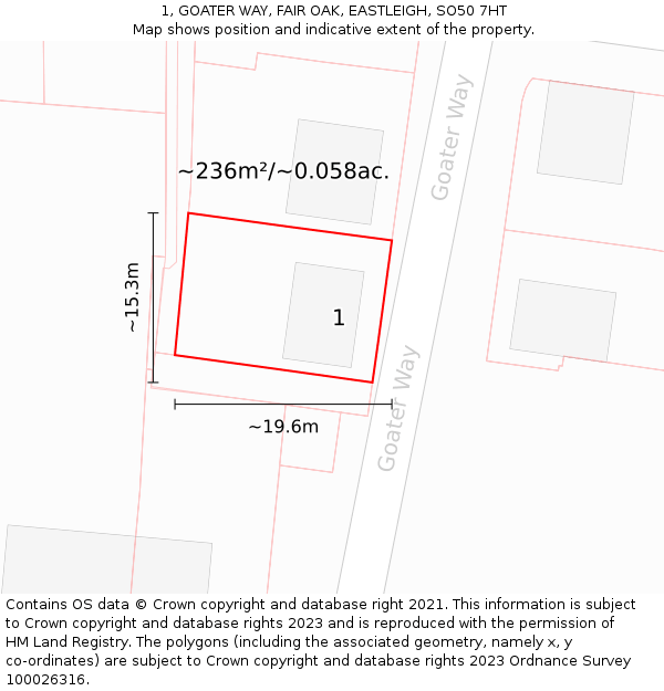 1, GOATER WAY, FAIR OAK, EASTLEIGH, SO50 7HT: Plot and title map