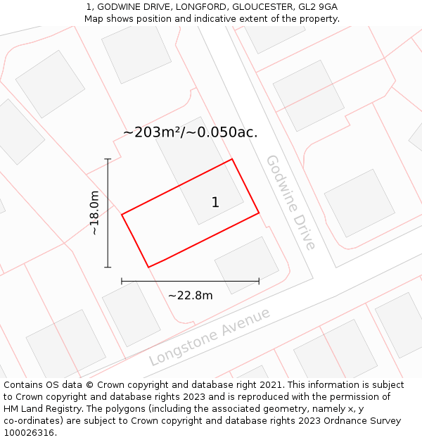 1, GODWINE DRIVE, LONGFORD, GLOUCESTER, GL2 9GA: Plot and title map