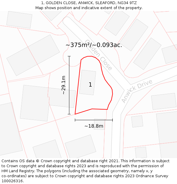 1, GOLDEN CLOSE, ANWICK, SLEAFORD, NG34 9TZ: Plot and title map