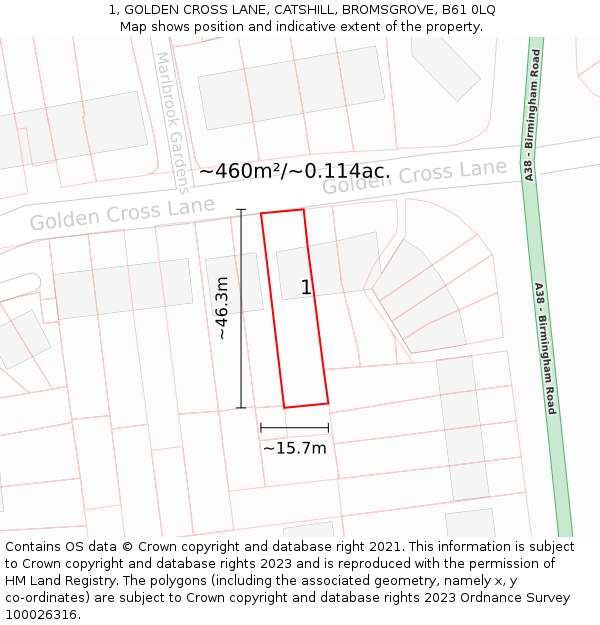 1, GOLDEN CROSS LANE, CATSHILL, BROMSGROVE, B61 0LQ: Plot and title map