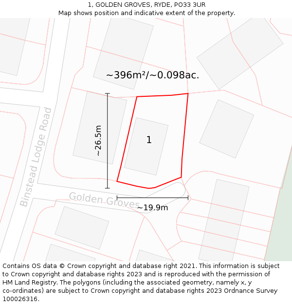 1, GOLDEN GROVES, RYDE, PO33 3UR: Plot and title map