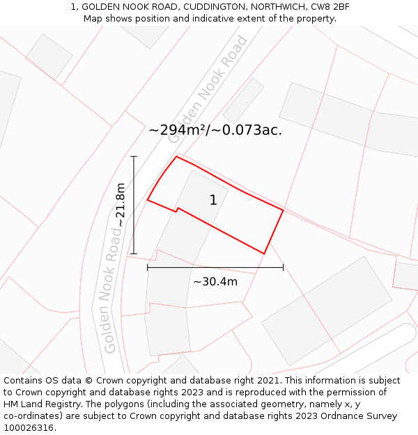 1, GOLDEN NOOK ROAD, CUDDINGTON, NORTHWICH, CW8 2BF: Plot and title map