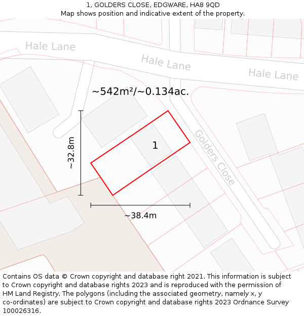 1, GOLDERS CLOSE, EDGWARE, HA8 9QD: Plot and title map