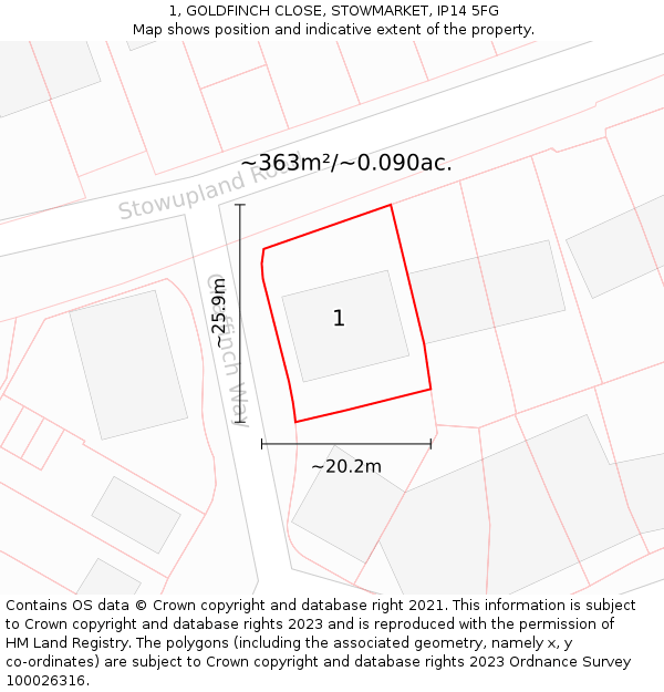 1, GOLDFINCH CLOSE, STOWMARKET, IP14 5FG: Plot and title map