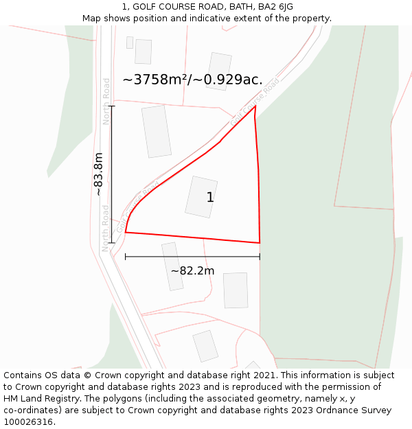 1, GOLF COURSE ROAD, BATH, BA2 6JG: Plot and title map