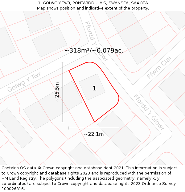 1, GOLWG Y TWR, PONTARDDULAIS, SWANSEA, SA4 8EA: Plot and title map