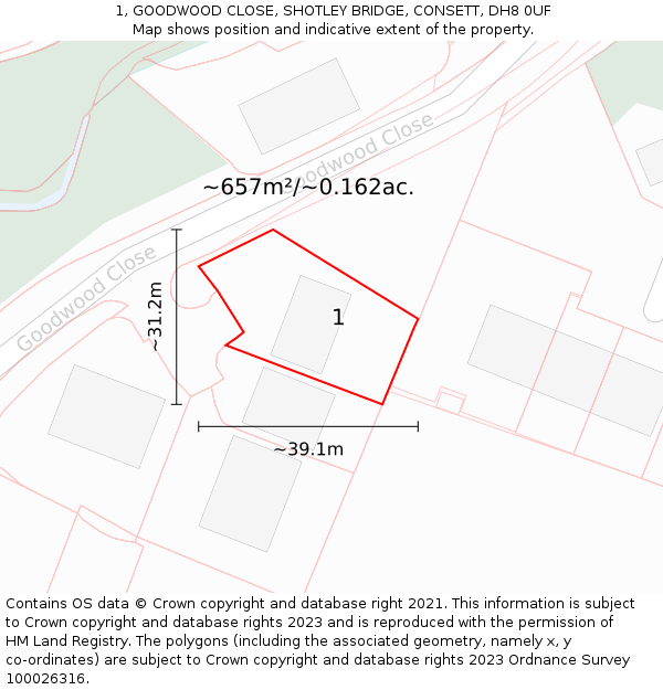 1, GOODWOOD CLOSE, SHOTLEY BRIDGE, CONSETT, DH8 0UF: Plot and title map