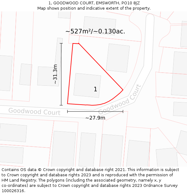 1, GOODWOOD COURT, EMSWORTH, PO10 8JZ: Plot and title map