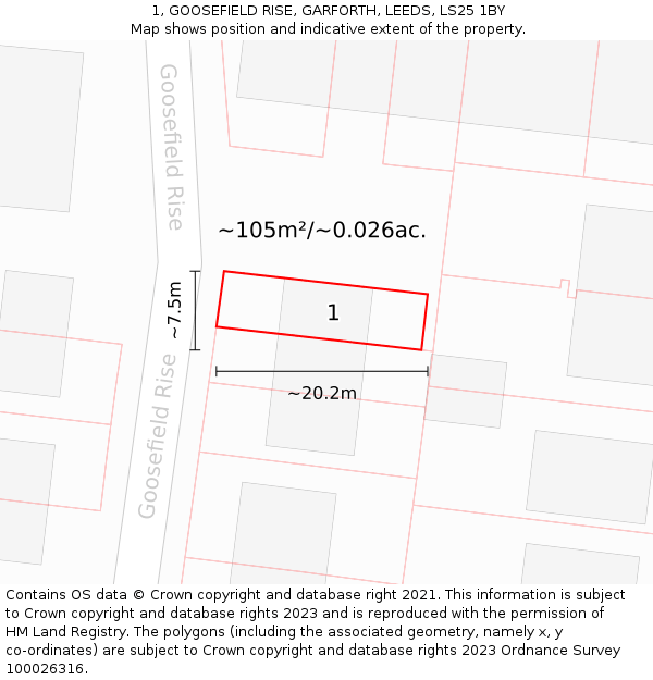 1, GOOSEFIELD RISE, GARFORTH, LEEDS, LS25 1BY: Plot and title map