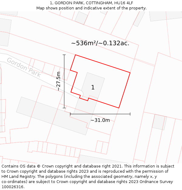 1, GORDON PARK, COTTINGHAM, HU16 4LF: Plot and title map