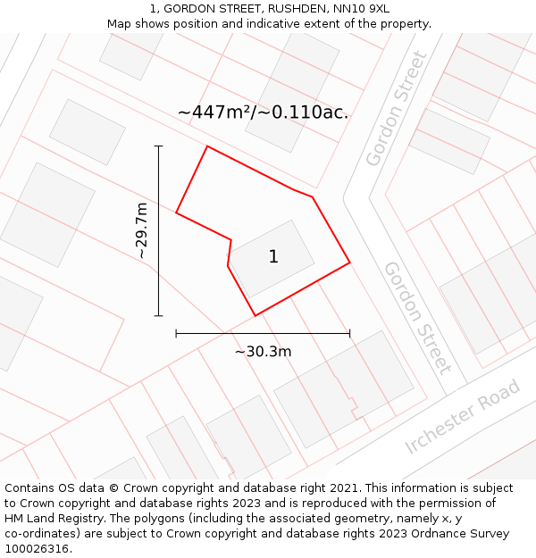 1, GORDON STREET, RUSHDEN, NN10 9XL: Plot and title map