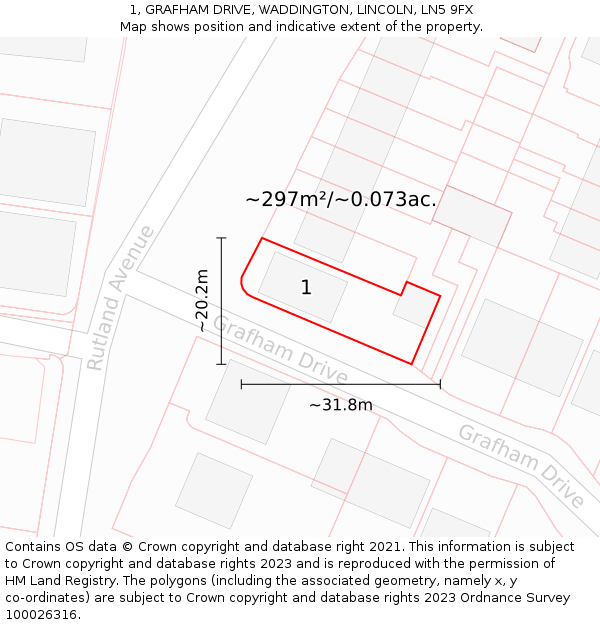 1, GRAFHAM DRIVE, WADDINGTON, LINCOLN, LN5 9FX: Plot and title map