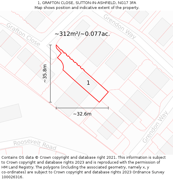 1, GRAFTON CLOSE, SUTTON-IN-ASHFIELD, NG17 3FA: Plot and title map