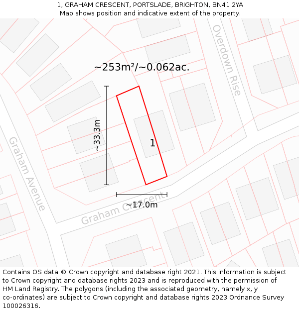 1, GRAHAM CRESCENT, PORTSLADE, BRIGHTON, BN41 2YA: Plot and title map