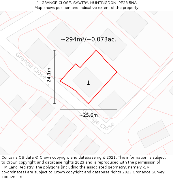 1, GRANGE CLOSE, SAWTRY, HUNTINGDON, PE28 5NA: Plot and title map