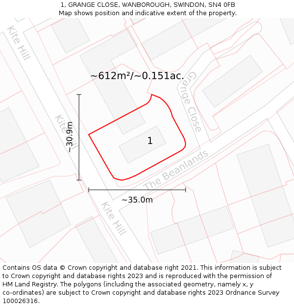 1, GRANGE CLOSE, WANBOROUGH, SWINDON, SN4 0FB: Plot and title map