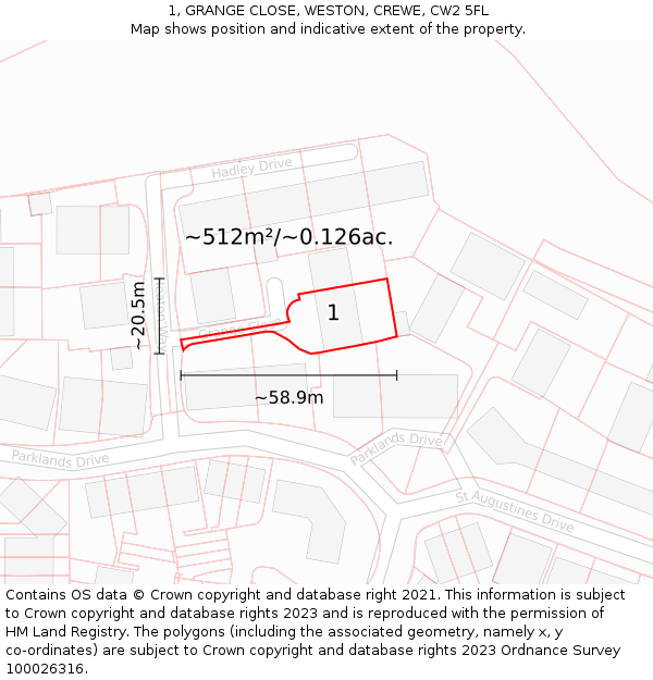 1, GRANGE CLOSE, WESTON, CREWE, CW2 5FL: Plot and title map