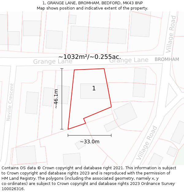 1, GRANGE LANE, BROMHAM, BEDFORD, MK43 8NP: Plot and title map