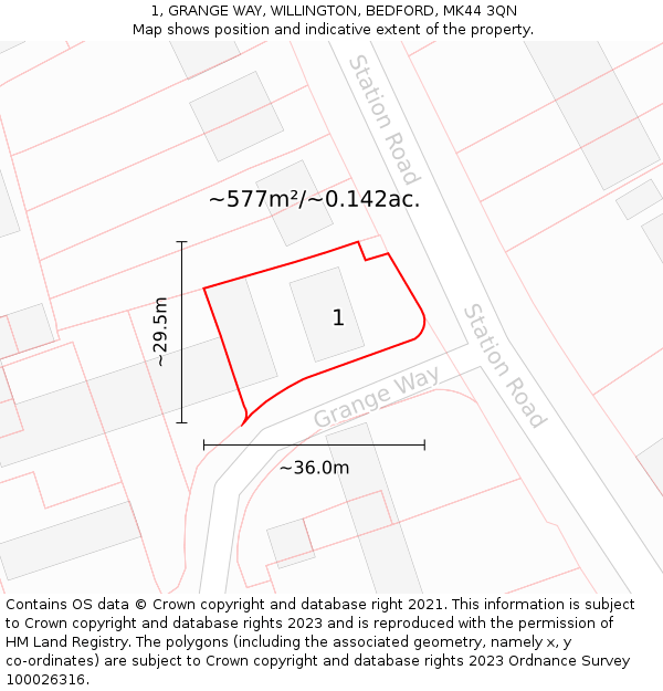 1, GRANGE WAY, WILLINGTON, BEDFORD, MK44 3QN: Plot and title map