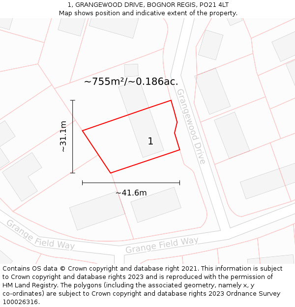 1, GRANGEWOOD DRIVE, BOGNOR REGIS, PO21 4LT: Plot and title map