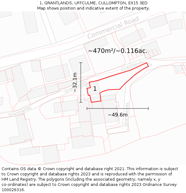 1, GRANTLANDS, UFFCULME, CULLOMPTON, EX15 3ED: Plot and title map