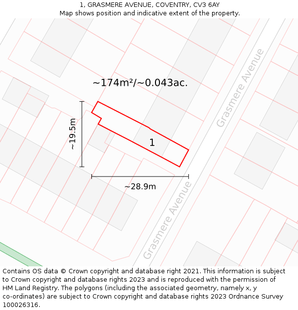 1, GRASMERE AVENUE, COVENTRY, CV3 6AY: Plot and title map