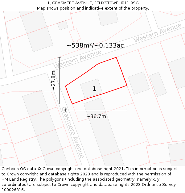 1, GRASMERE AVENUE, FELIXSTOWE, IP11 9SG: Plot and title map