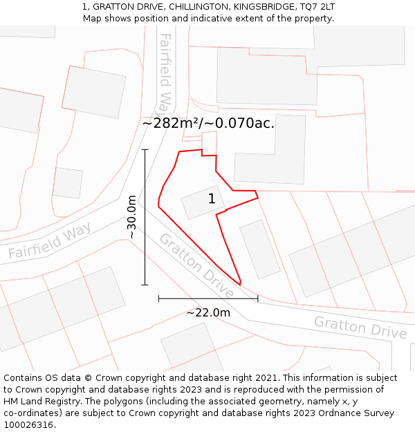 1, GRATTON DRIVE, CHILLINGTON, KINGSBRIDGE, TQ7 2LT: Plot and title map