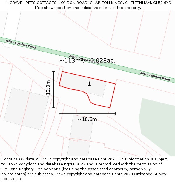1, GRAVEL PITTS COTTAGES, LONDON ROAD, CHARLTON KINGS, CHELTENHAM, GL52 6YS: Plot and title map