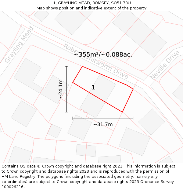 1, GRAYLING MEAD, ROMSEY, SO51 7RU: Plot and title map