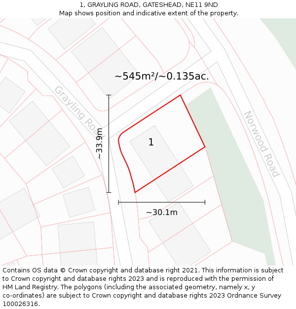 1, GRAYLING ROAD, GATESHEAD, NE11 9ND: Plot and title map