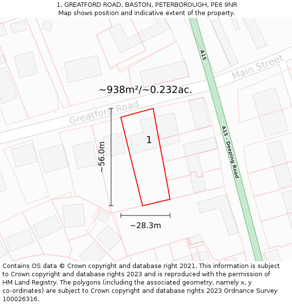 1, GREATFORD ROAD, BASTON, PETERBOROUGH, PE6 9NR: Plot and title map