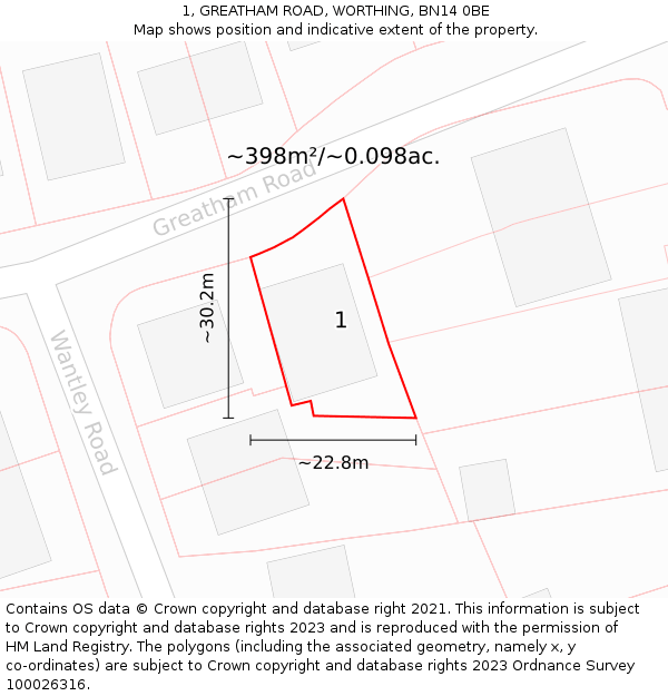 1, GREATHAM ROAD, WORTHING, BN14 0BE: Plot and title map