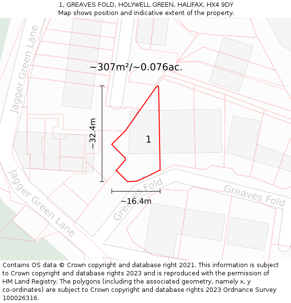 1, GREAVES FOLD, HOLYWELL GREEN, HALIFAX, HX4 9DY: Plot and title map