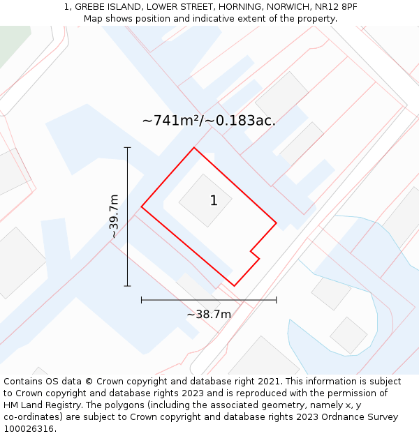 1, GREBE ISLAND, LOWER STREET, HORNING, NORWICH, NR12 8PF: Plot and title map