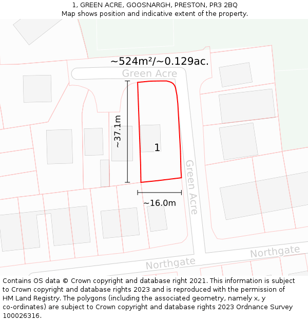1, GREEN ACRE, GOOSNARGH, PRESTON, PR3 2BQ: Plot and title map