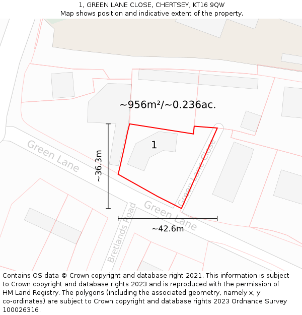 1, GREEN LANE CLOSE, CHERTSEY, KT16 9QW: Plot and title map