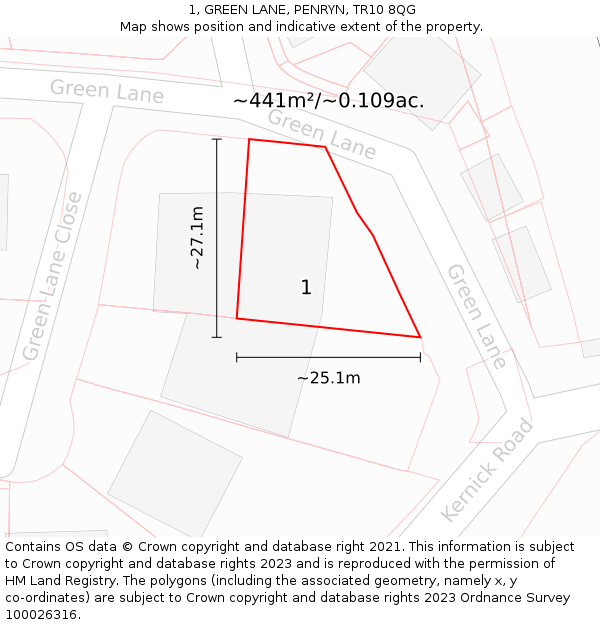 1, GREEN LANE, PENRYN, TR10 8QG: Plot and title map