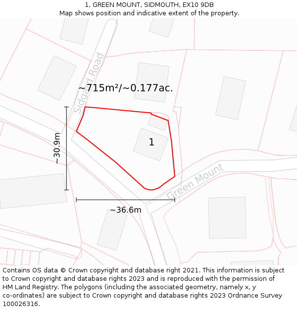 1, GREEN MOUNT, SIDMOUTH, EX10 9DB: Plot and title map