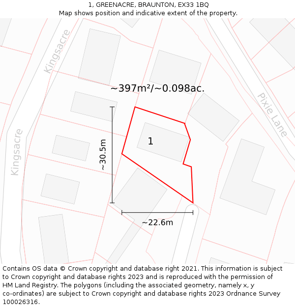 1, GREENACRE, BRAUNTON, EX33 1BQ: Plot and title map