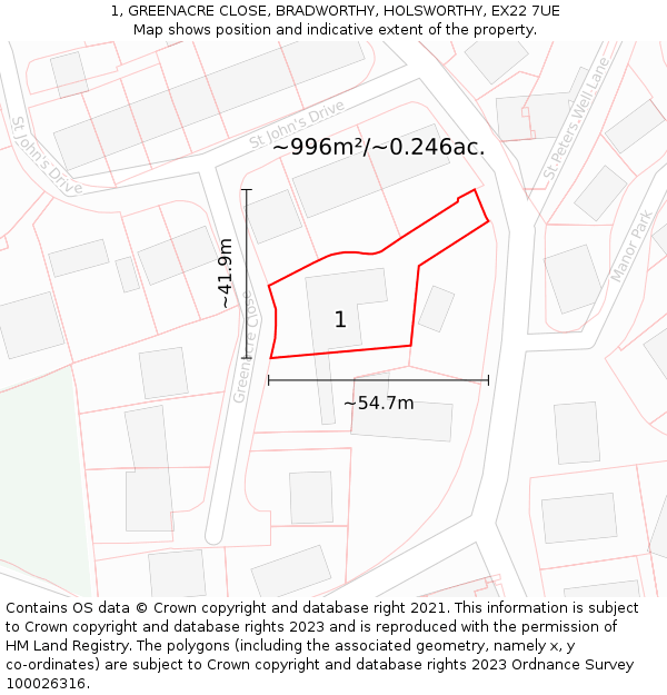 1, GREENACRE CLOSE, BRADWORTHY, HOLSWORTHY, EX22 7UE: Plot and title map