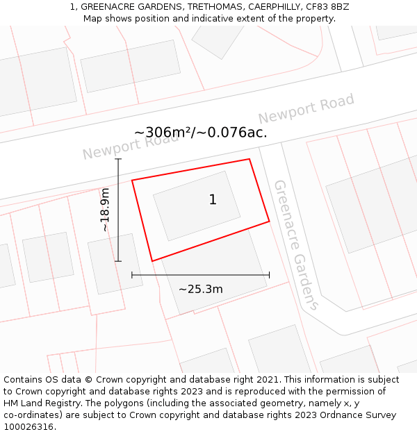 1, GREENACRE GARDENS, TRETHOMAS, CAERPHILLY, CF83 8BZ: Plot and title map