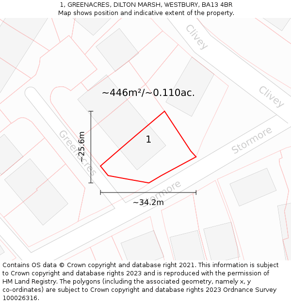 1, GREENACRES, DILTON MARSH, WESTBURY, BA13 4BR: Plot and title map