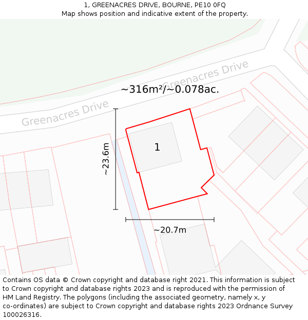 1, GREENACRES DRIVE, BOURNE, PE10 0FQ: Plot and title map