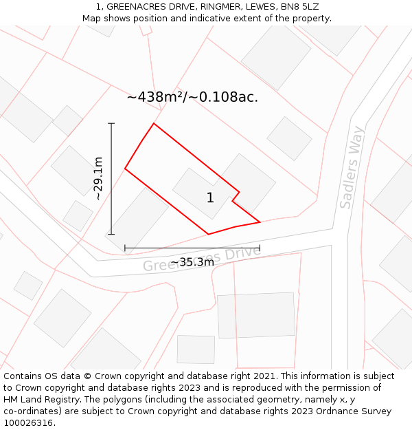 1, GREENACRES DRIVE, RINGMER, LEWES, BN8 5LZ: Plot and title map