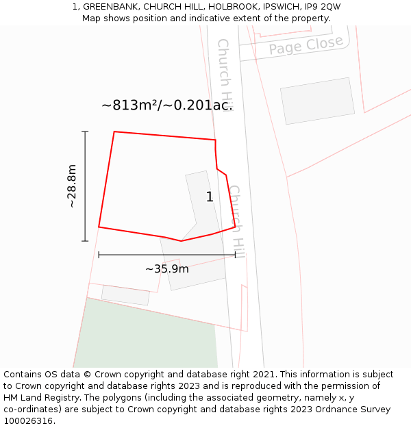 1, GREENBANK, CHURCH HILL, HOLBROOK, IPSWICH, IP9 2QW: Plot and title map