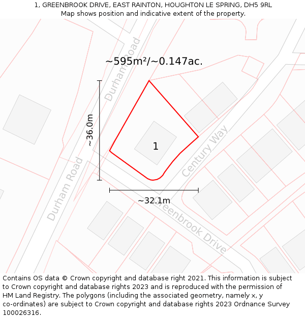 1, GREENBROOK DRIVE, EAST RAINTON, HOUGHTON LE SPRING, DH5 9RL: Plot and title map