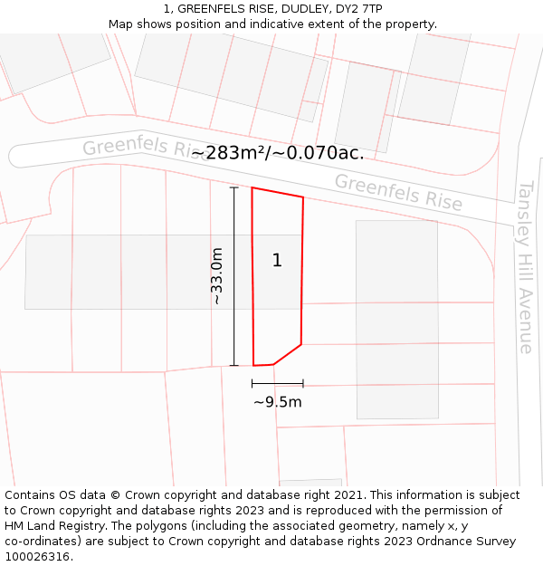 1, GREENFELS RISE, DUDLEY, DY2 7TP: Plot and title map