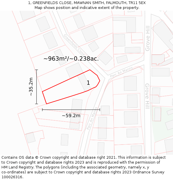 1, GREENFIELDS CLOSE, MAWNAN SMITH, FALMOUTH, TR11 5EX: Plot and title map